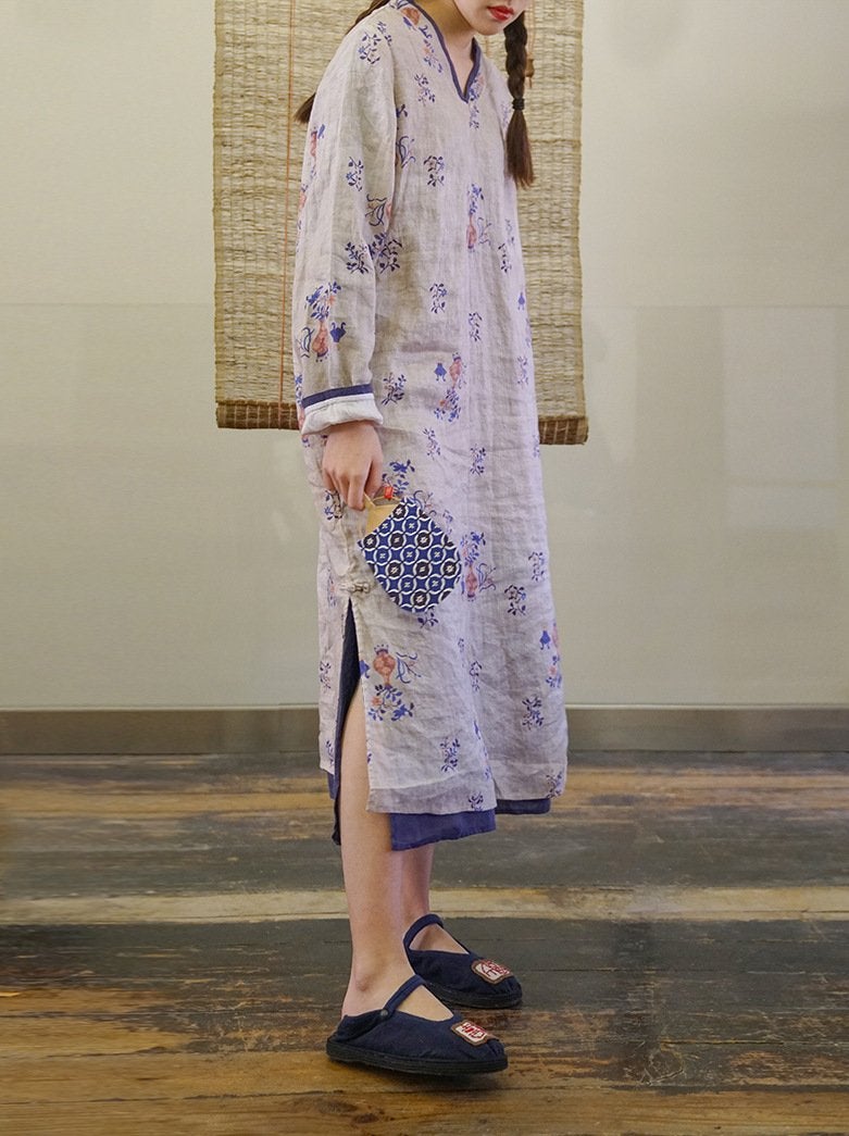 Floral Vase Print Cheongsam Dress
