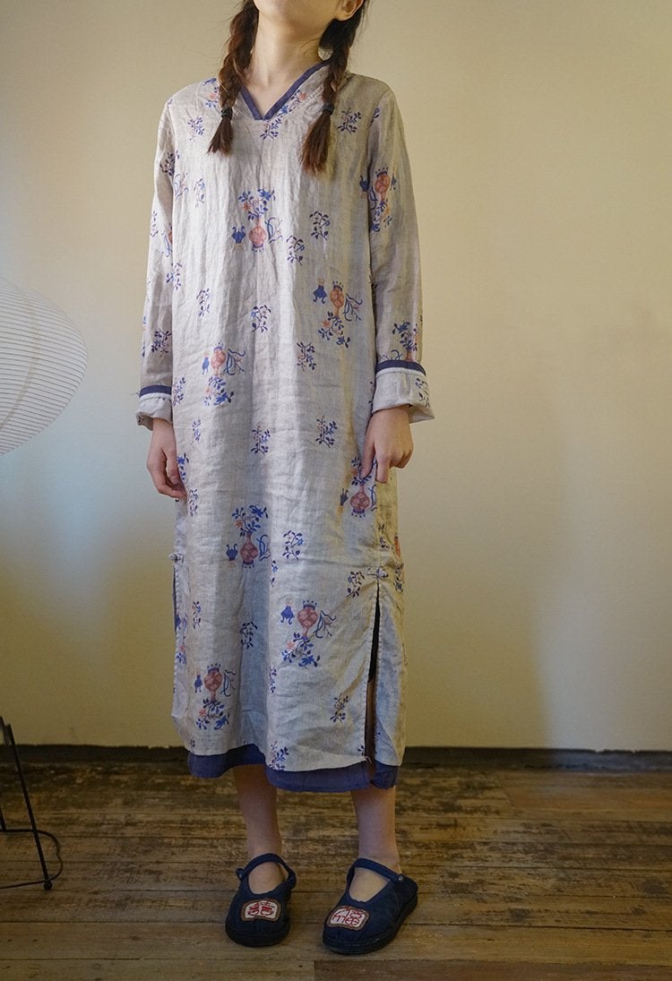Floral Vase Print Cheongsam Dress