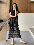 Yasira Shimmering Black Floral Print Cheongsam Top Skirt Qipao Set