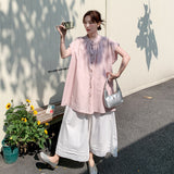 Tender Honed Casual Short Sleeve Shirt Wide Leg Pants Qipao Set