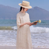 Narcissus Hias Ramie Bunga Sulam Cheongsam Dress Kolar Berdiri Qipao