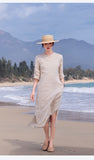 Narcissus Hias Ramie Bunga Sulam Cheongsam Dress Kolar Berdiri Qipao