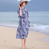 Gaun Cheongsam Qipao Satin Editorial Ramie Bercetak Kerah Diagonal