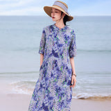 Gaun Cheongsam Qipao Satin Editorial Ramie Bercetak Kerah Diagonal