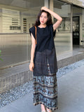 Yasira Shimmering Black Floral Print Cheongsam Top Skirt Qipao Set