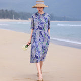 Gaun Cheongsam Qipao Satin Editorial Ramie Bercetak Kerah Diagonal
