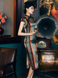 19 mome mulberry silk, Stripe pattern, mid length, high-end Silk Qipao