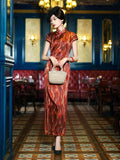 19 mome mulberry silk, fire pattern, High-end long Qipao with cap sleeves