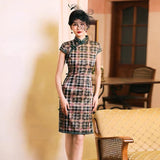 19 mome mulberry silk, plaid pattern, Mid-length Qipao dress