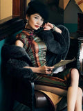 19 mome mulberry silk, Stripe pattern, mid length, high-end Silk Qipao