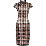 19 mome mulberry silk, plaid pattern, Mid-length Qipao dress
