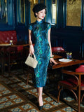 19 mome mulberry silk,  Mid length, High-end blue color Qipao