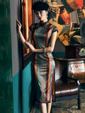 19 mome mulberry silk, Stripe pattern, mid length, high-end Silk Qipao
