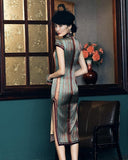 19 mome mulberry silk, Stripe pattern, mid length, high-end Silk Qipao