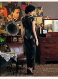 19 mome mulberry silk, High-end  long  black Qipao dress