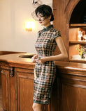 19 mome mulberry silk, plaid pattern, Mid-length Qipao dress