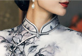 19 mome mulberry silk, Chinese ink painting, hight-end short Qipao