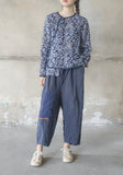 Dark Blue Floral Print Cheongsam Top