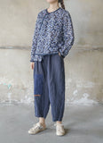 Dark Blue Floral Print Cheongsam Top
