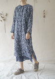 Dark Blue Floral Print Cheongsam Dress (Double Layer)
