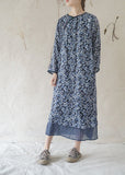 Dark Blue Floral Print Cheongsam Dress (Double Layer)